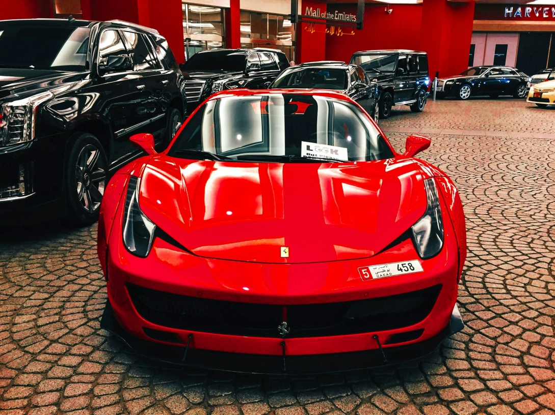 red ferrari at the mall of the emirates